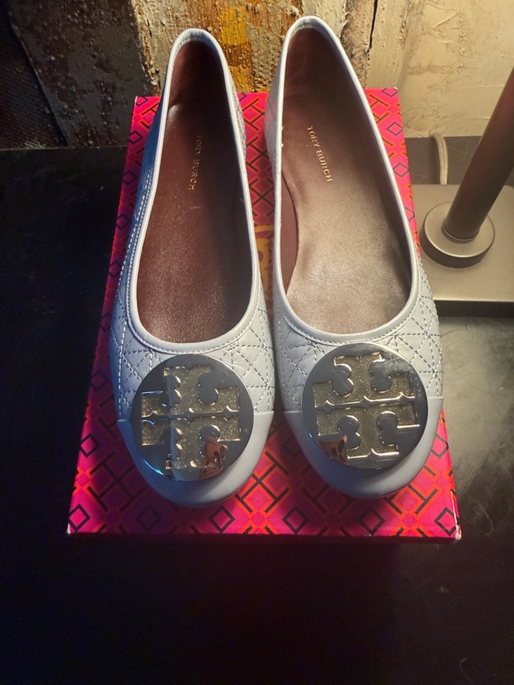 Tory Burch Pale Blue Quilted Logo Round-Toe Flats